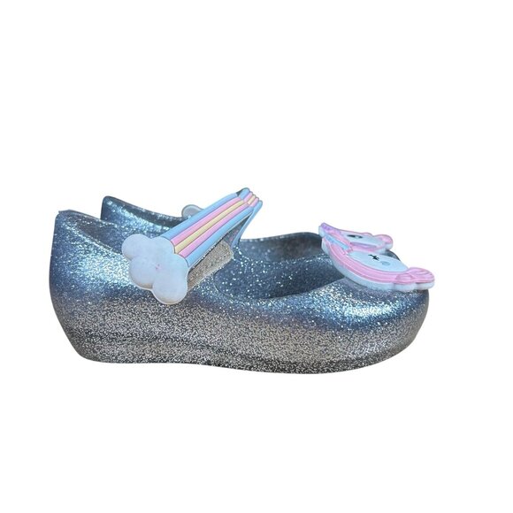 Mini Melissa Girl's Silver Unicorn Flat Mary Jane Shoes Size US 8 - Picture 2 of 8